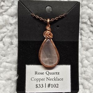 Rose Quartz Pendant Necklace with Copper Wire Wrap